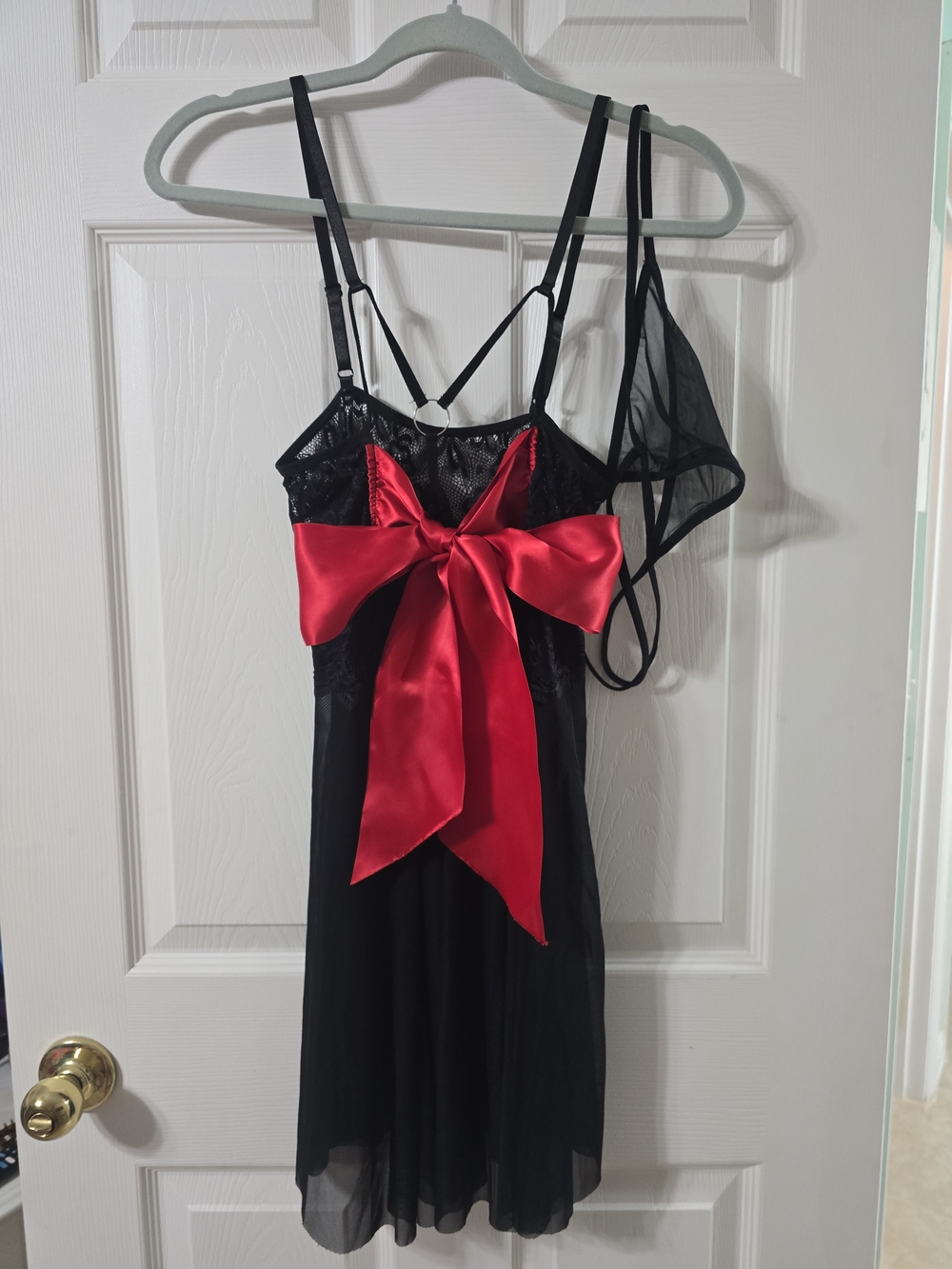 New Never Worn Black Mesh Nightgown with Red Satin Bow In Front